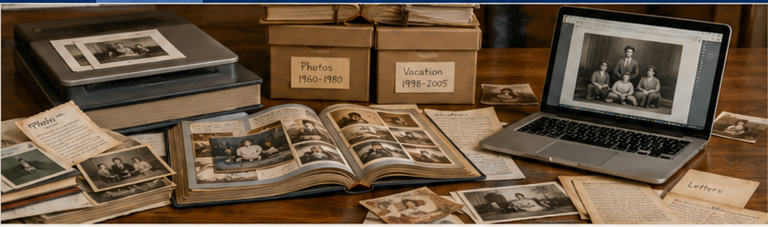 Family archive table with photos and albums